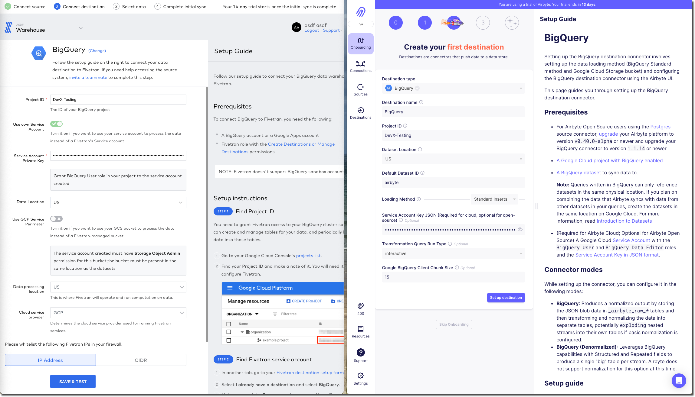 Fivetran and Airbyte - setting up BigQuery destination